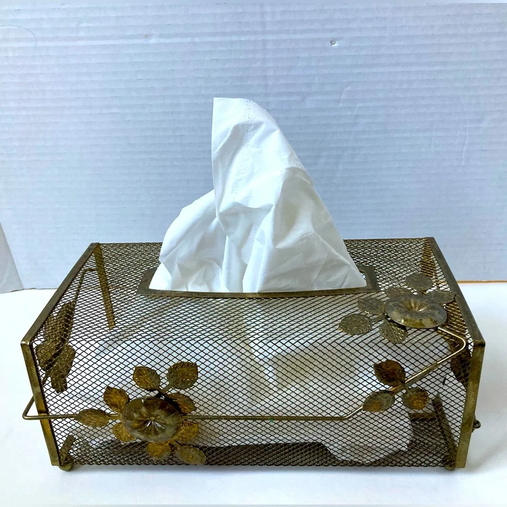 Midcentury Tissue Holder Cottagecore Gold Toned Mesh Ivy Flowers